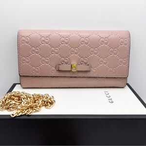 Gucci Guccissima Bow Continental Wallet in Rose Beige with Box and Chain